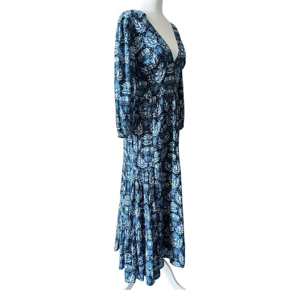 CAROLINE CONSTAS Blue Printed Size Medium Cotton Boho Midi Low V Neck Dress - Picture 5 of 12